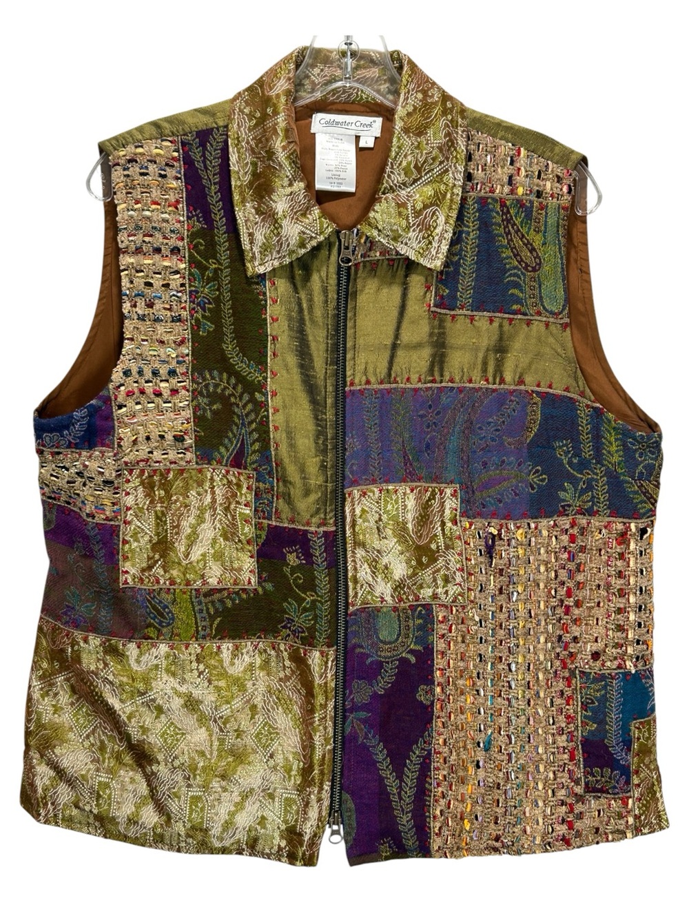 VTG Gold, Sage, Purple Tapestry & Jacquard Patchwork Zipped Vest - Large